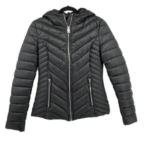 LA Coalition Womens Black Faux Fur Lined Hooded Puffer Jacket Cozy Warm Size S